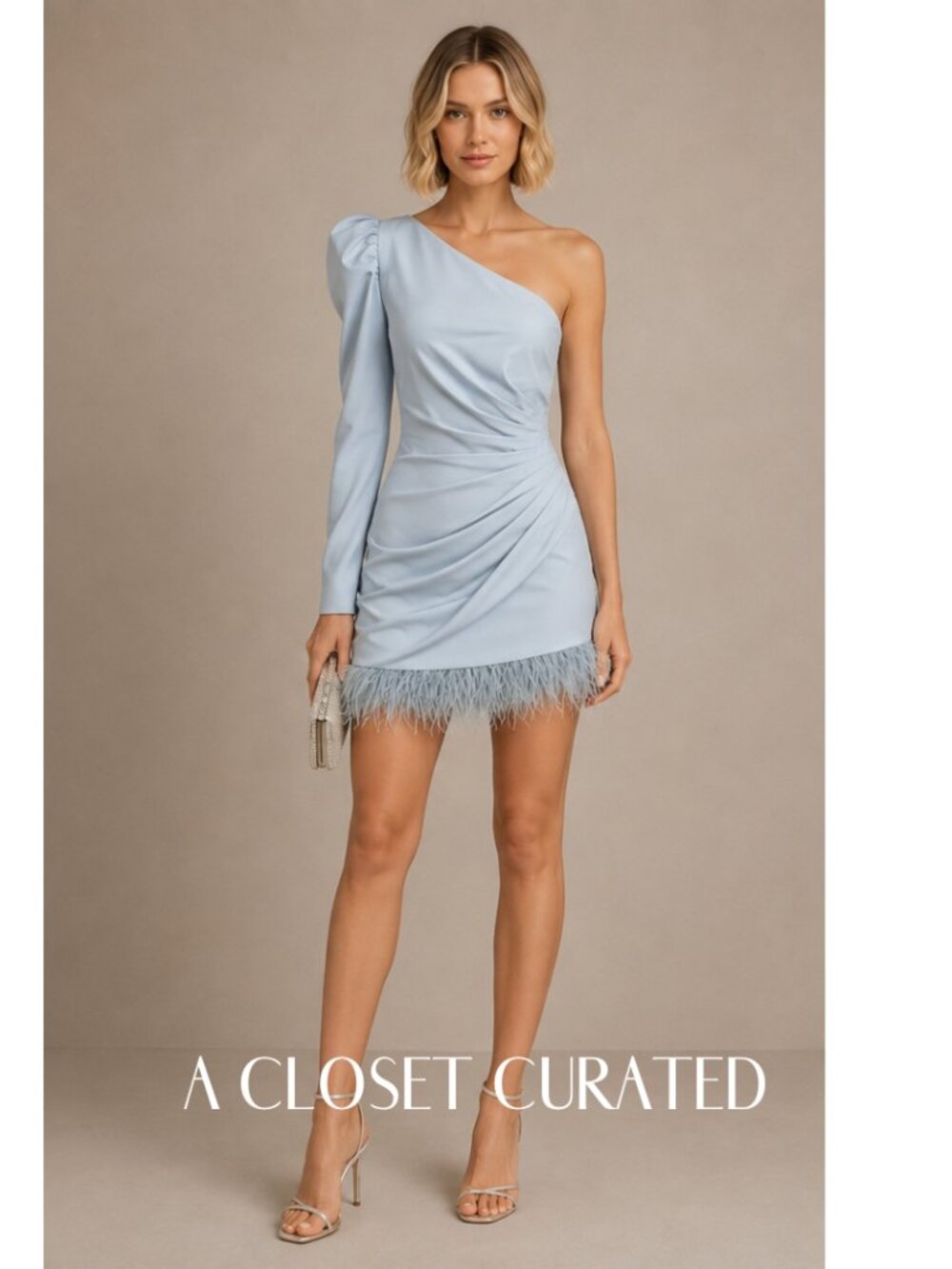 Mac Duggal One Shoulder Feather Trim Mini Dress 2 NWT Blue Style 11440